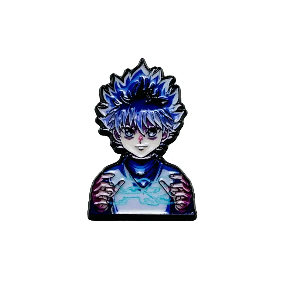 Glossy anime boy enamel pin featuring a character with spiky blue hair purple eyes and a light blue outfit