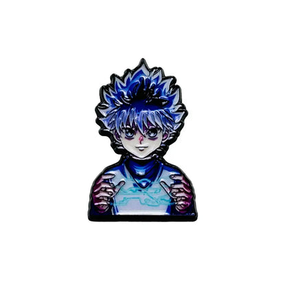 Glossy anime boy enamel pin featuring a character with spiky blue hair purple eyes and a light blue outfit