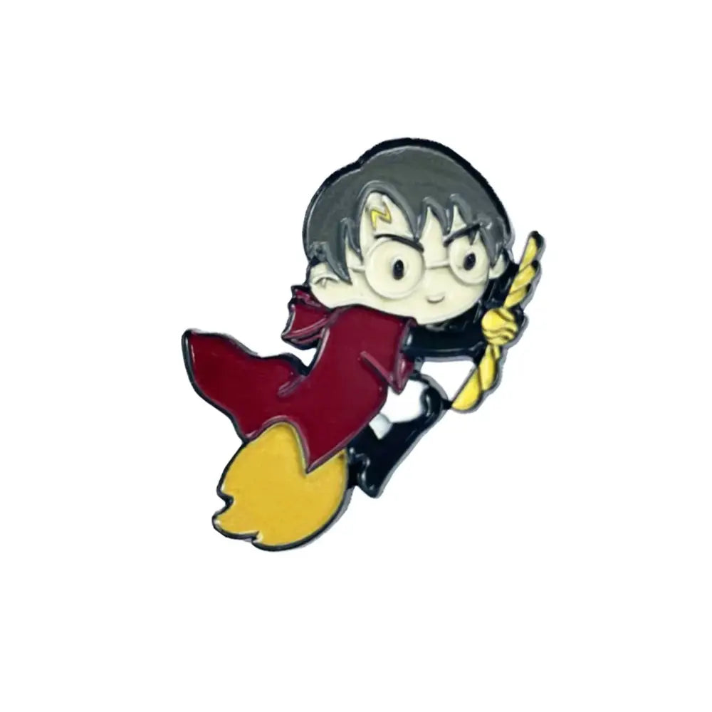 Chibi-style anime boy enamel pin featuring harry potter riding a yellow broomstick with round glasses and red cloak
