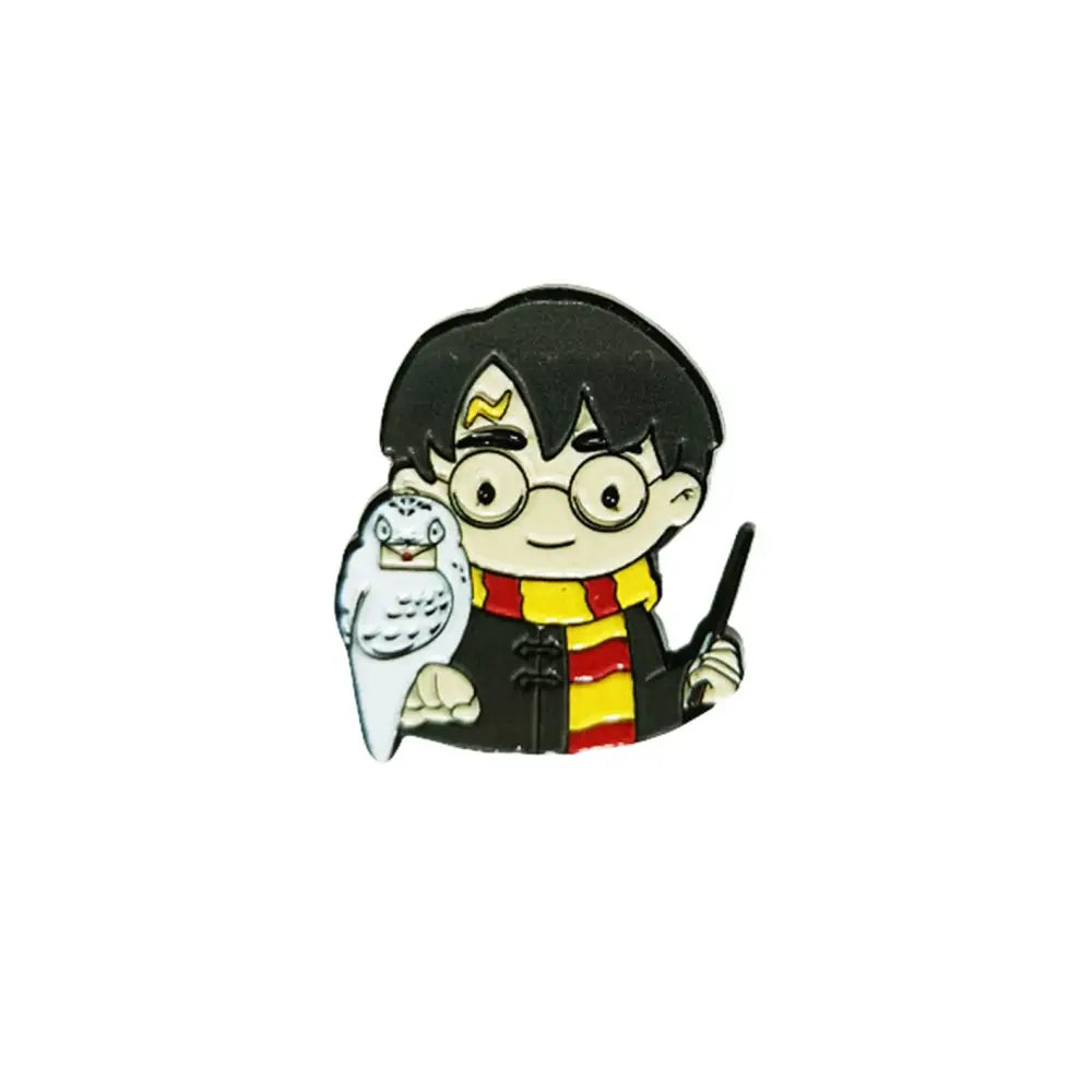 Charming anime boy enamel pin featuring a cartoon harry potter in black robe and red gold scarf with snowy owl
