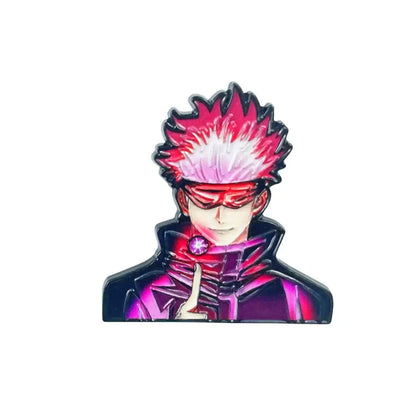 Anime boy enamel pin featuring a vibrant pink and purple design with spiky hair red goggles and high-collared outfit