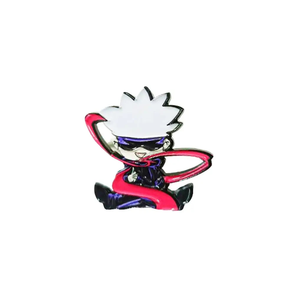 Glossy anime boy enamel pin featuring chibi character with spiky white hair purple sunglasses and red scarf on dark outfit