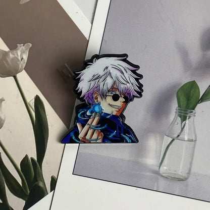Glossy acrylic anime boy enamel pin featuring a boy with spiky white hair purple highlights and a glowing blue orb