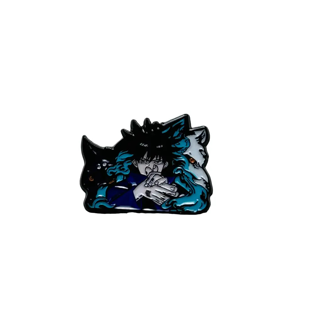 Glossy anime boy enamel pin with spiky black hair, glasses, and two wolf creatures with teal energy effects
