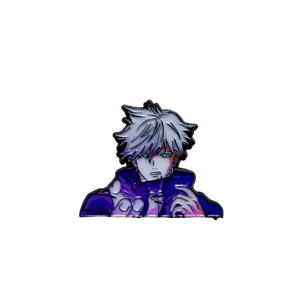 Metallic anime boy enamel pin with spiky silver hair blue eyes and purple jacket fashion brooch badge