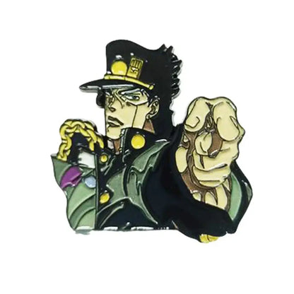 Black and gold anime boy enamel pin featuring a stylized character in a green coat with yellow buttons pointing finger