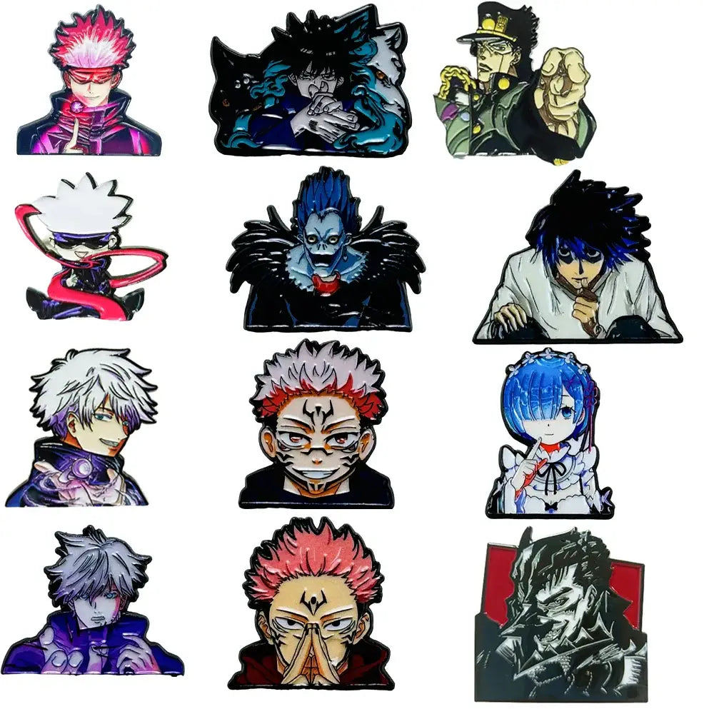 Collection of colorful anime boy enamel pins with detailed designs and vibrant colors for fashion brooch badges