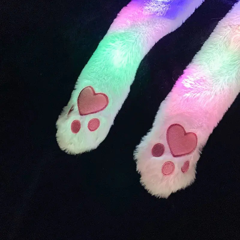 Anime bunny hat soft plush paw-shaped accessories with glowing rainbow led lights and pink embroidered hearts on soles