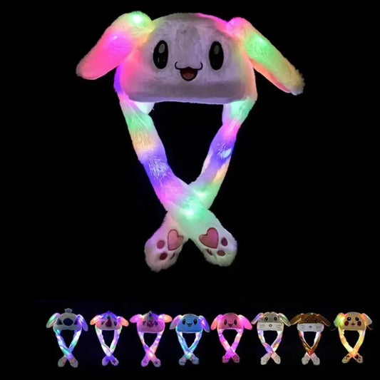 Anime bunny hat plush cosplay featuring a soft plush white fur bunny hat with colorful led lights illuminating ears and legs