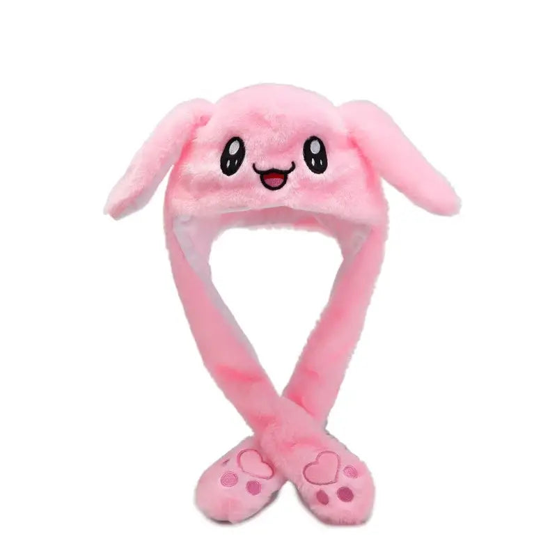 Pink soft plush anime bunny hat with long floppy ears and heart patterned feet for cosplay and glowing ear jumping