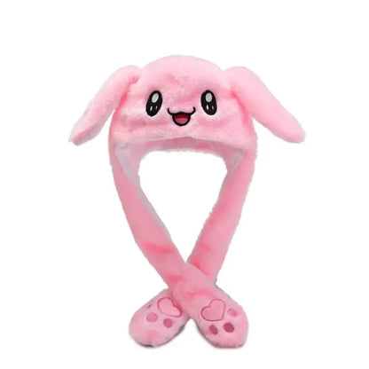 Pink soft plush anime bunny hat with long floppy ears and heart patterned feet for cosplay and glowing ear jumping