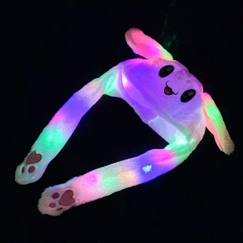 Anime bunny hat soft plush with glowing rainbow-lit ears, long extendable ears, and paw prints on the feet