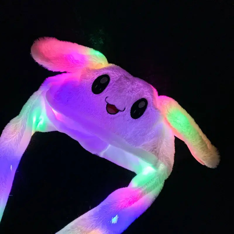 Plush anime bunny hat with soft plush fur and glowing rainbow led lights on ears and limbs for cosplay use