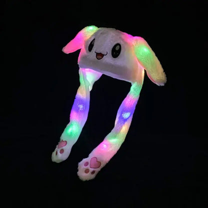 Anime bunny hat soft plush with long glowing rainbow ears and pink paw print legs for cosplay and jumping play