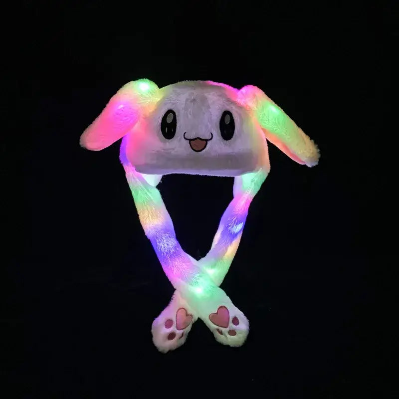 Anime bunny hat plush cosplay featuring a soft plush white face with glowing rainbow light ears and pink paw prints