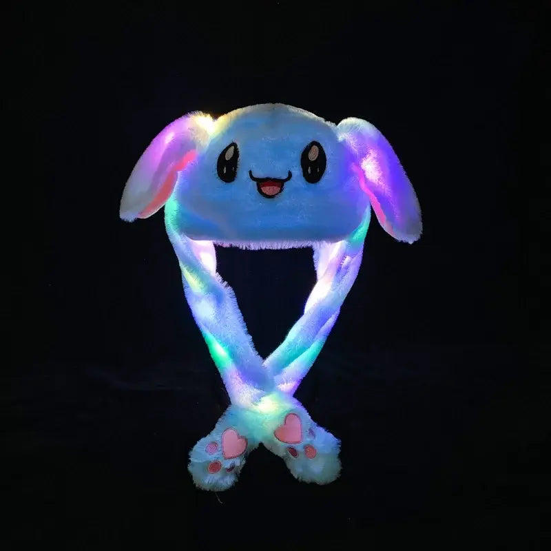 A soft plush light-blue bunny hat with glowing rainbow led lights on ears and legs for anime cosplay
