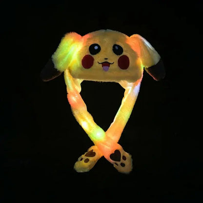 A soft plush yellow pikachu bunny hat with glowing led ears and long flexible legs ending in paw-shaped feet