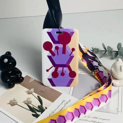Vibrant anime card holder with purple and red geometric design attached to a white neck strap for ids