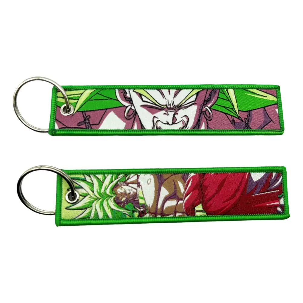 Green embroidered key fob featuring vibrant anime cartoon designs with stitched edges as a colorful key tag