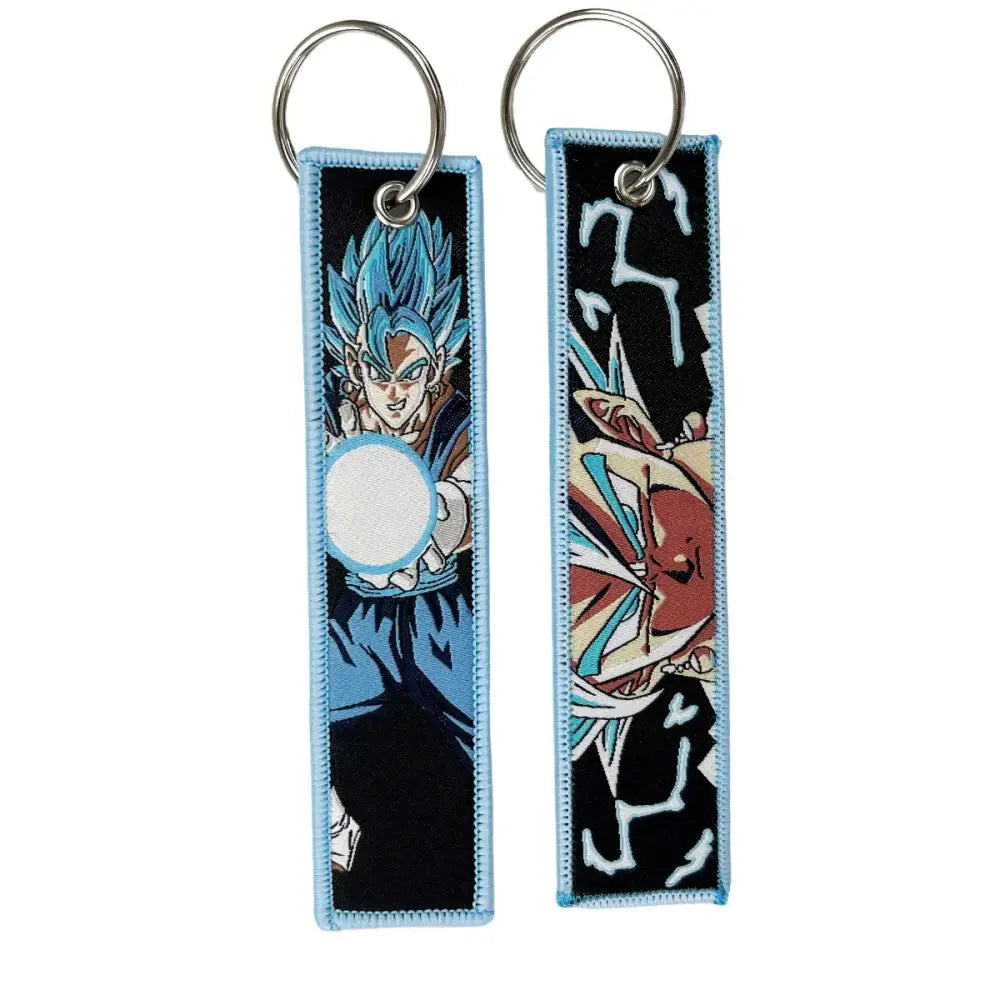 Two embroidered key fobs featuring anime characters with blue and orange designs on key tags for everyday use