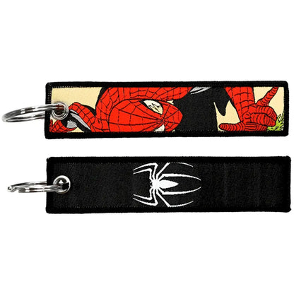 Red and black spider-man embroidered key fob with silver metal ring key tag for anime cartoon keychain collection