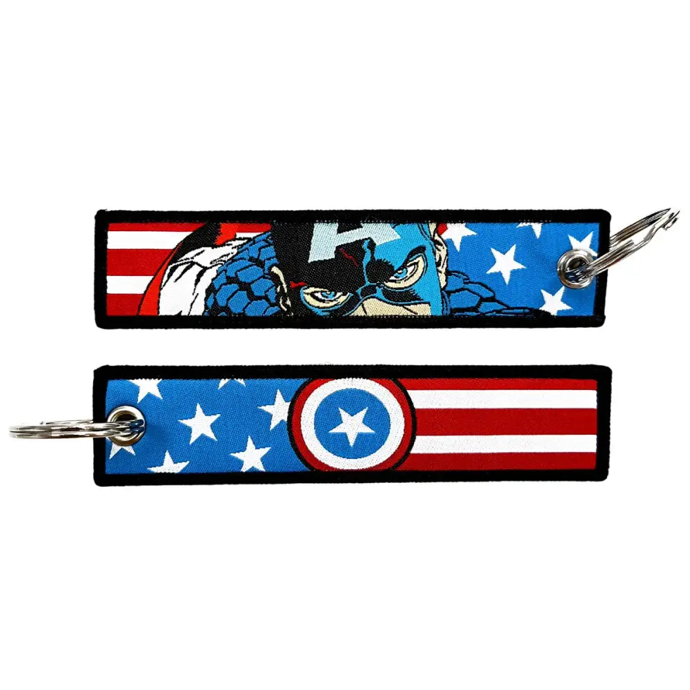 Two embroidered captain america key fobs featuring the hero and shield in red blue and star-spangled designs key tags