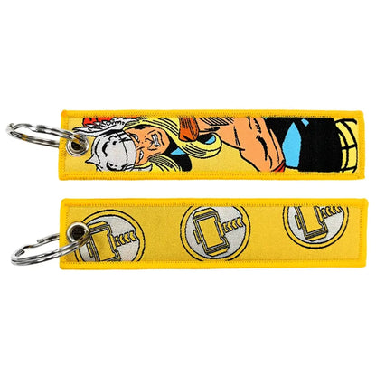 Yellow embroidered key fob with thor face and mjolnir design anime cartoon key tag keychain accessory