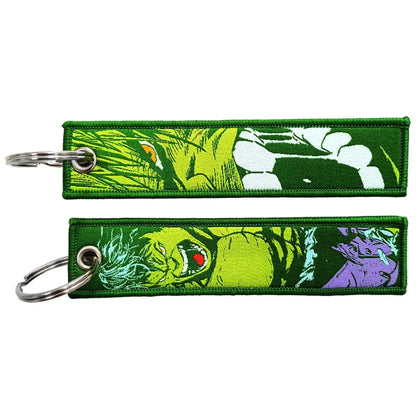 Green embroidered key fob with vibrant lime green purple and white comic-style hulk illustrations key tag keychain