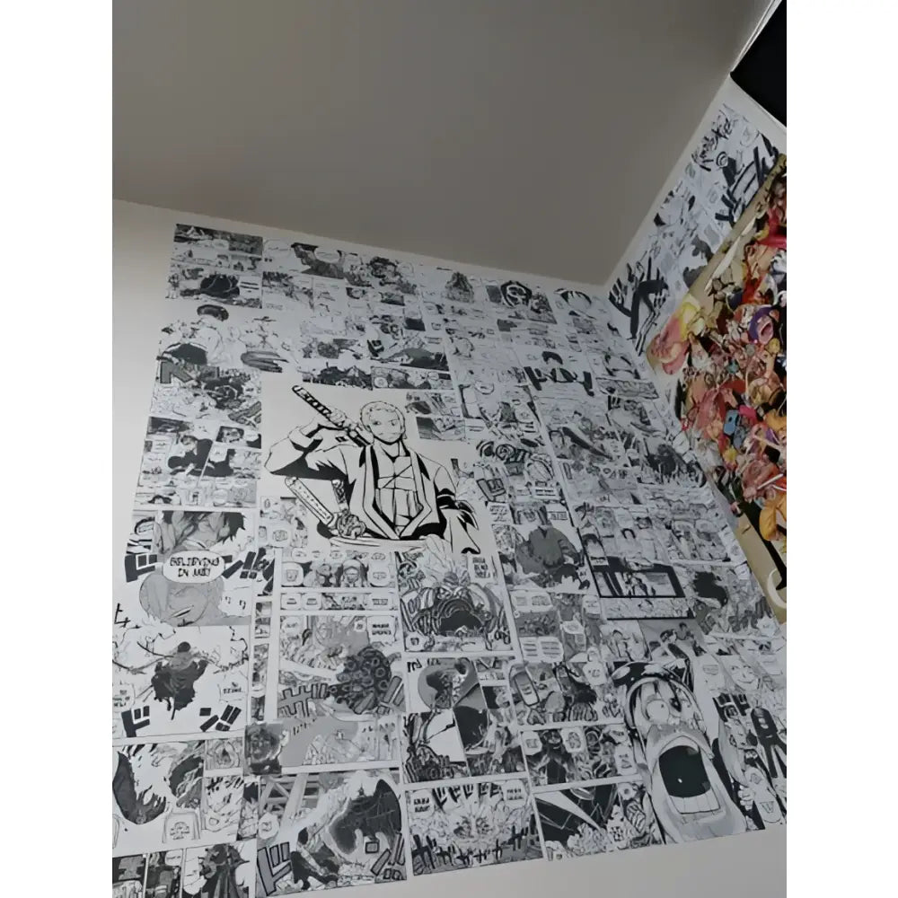 Black and white manga comic panel collage with a long hair character and sword anime cartoon wall stickers set