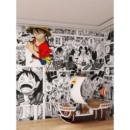 Anime cartoon wall stickers set featuring a detailed model of thousand sunny with striped white sail and wooden hull