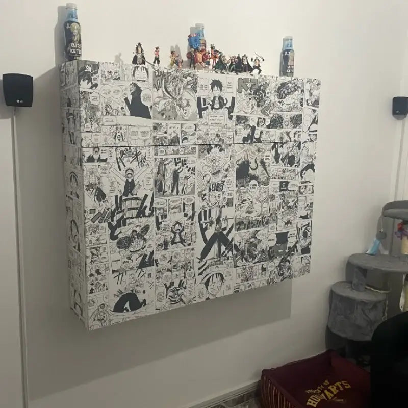 A white cabinet decorated with black and white manga comic panel anime cartoon wall stickers 21x30cm self-adhesive set