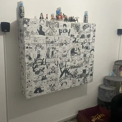A white cabinet decorated with black and white manga comic panel anime cartoon wall stickers 21x30cm self-adhesive set