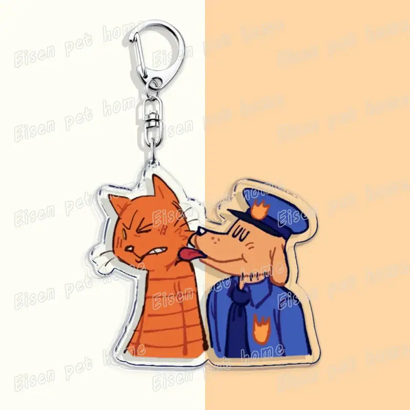 Clear acrylic cute bag charm featuring a printed acrylic dog acrylic keychain with an orange cat and blue police dog design
