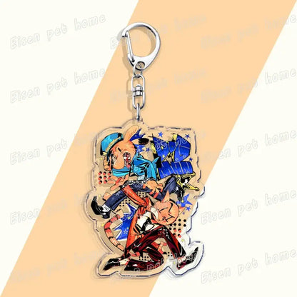 Clear printed acrylic dog acrylic keychain featuring two anime characters with blue outfit stars cute bag charm