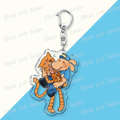 Clear printed acrylic dog keychain with cartoon dog in blue overalls hugging orange cat cute bag charm with metal clasp