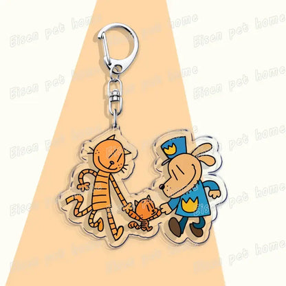 Clear printed acrylic dog acrylic keychain featuring cartoon dog in blue uniform and striped orange cat cute bag charm