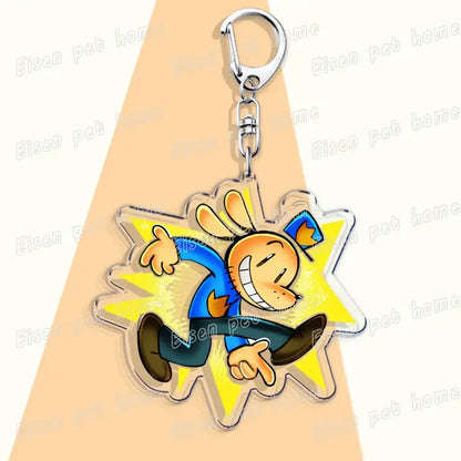 Clear acrylic anime cat and dog printed acrylic keychain with blue and brown cartoon and yellow starburst cute bag charm
