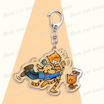 Clear printed acrylic keychain with vibrant orange and blue cartoon cats as a cute bag charm and dog acrylic keychain