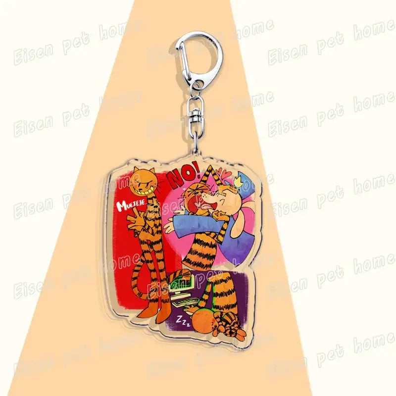 Clear acrylic keychain featuring colorful printed acrylic cat design with bold red and purple background cute bag charm
