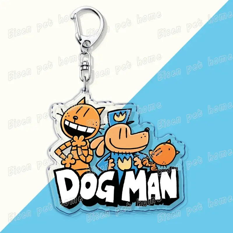 Clear acrylic dog acrylic keychain with orange and blue dog man characters and bold white lettering cute bag charm