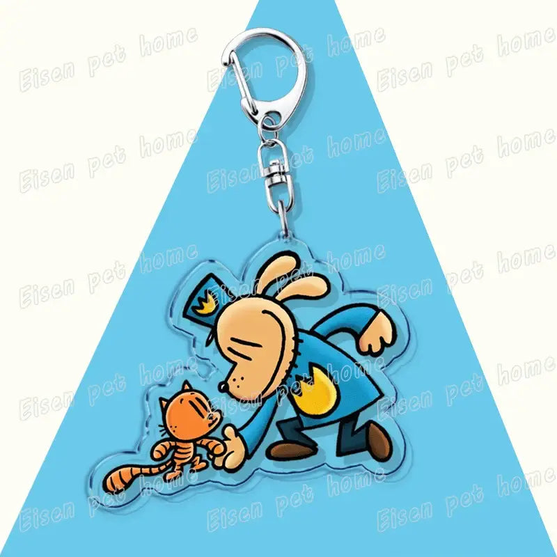 Clear printed acrylic dog acrylic keychain featuring dog man in blue holding an orange striped cat cute bag charm