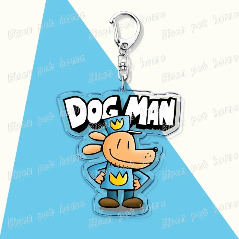 Clear acrylic dog acrylic keychain featuring dog man in blue uniform with yellow crown holding dog man logo cute bag charm
