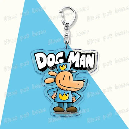 Clear acrylic dog acrylic keychain featuring dog man in blue uniform with yellow crown holding dog man logo cute bag charm
