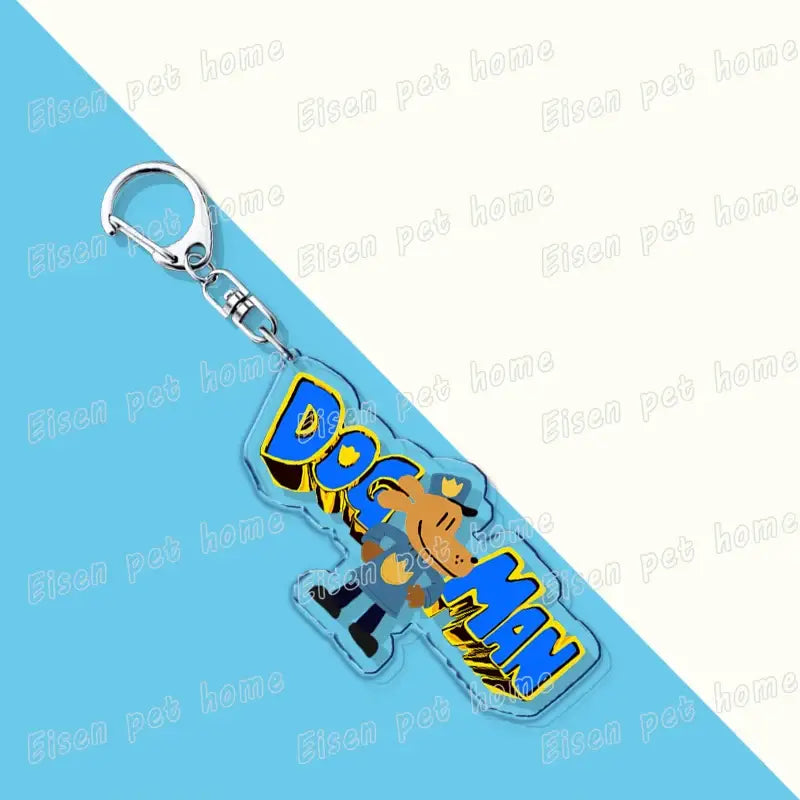 Clear acrylic dog acrylic keychain featuring dog man with bold blue and yellow lettering cute bag charm