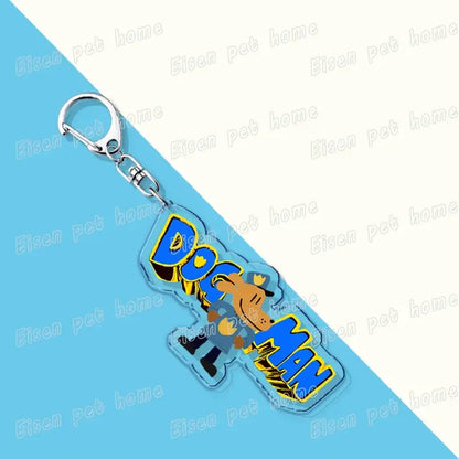 Clear acrylic dog acrylic keychain featuring dog man with bold blue and yellow lettering cute bag charm