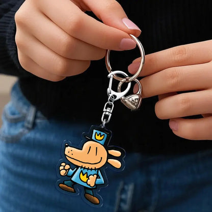 Cute dog acrylic keychain featuring an orange cartoon dog in a blue uniform as a printed acrylic bag charm