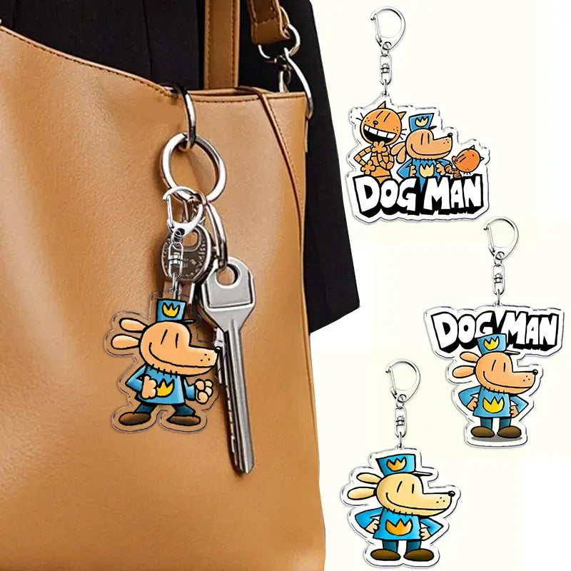 Clear printed acrylic dog acrylic keychain with cartoon dog man in blue uniform as a cute bag charm on brown leather bag