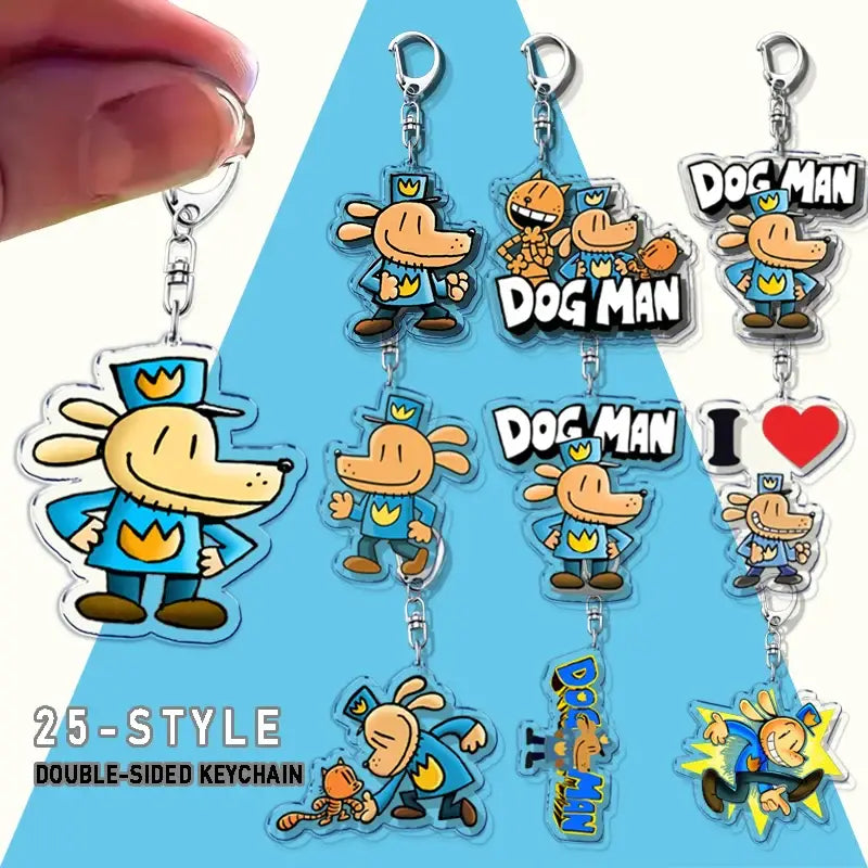 Clear acrylic dog acrylic keychain featuring dog man in blue uniform with yellow crown cute bag charm with metal clip