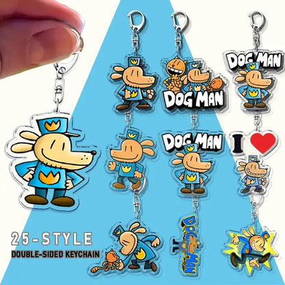 Clear acrylic dog acrylic keychain featuring dog man in blue uniform with yellow crown cute bag charm with metal clip