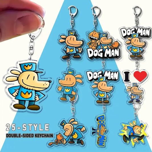 Clear acrylic dog acrylic keychain featuring dog man in blue uniform with yellow crown cute bag charm with metal clip
